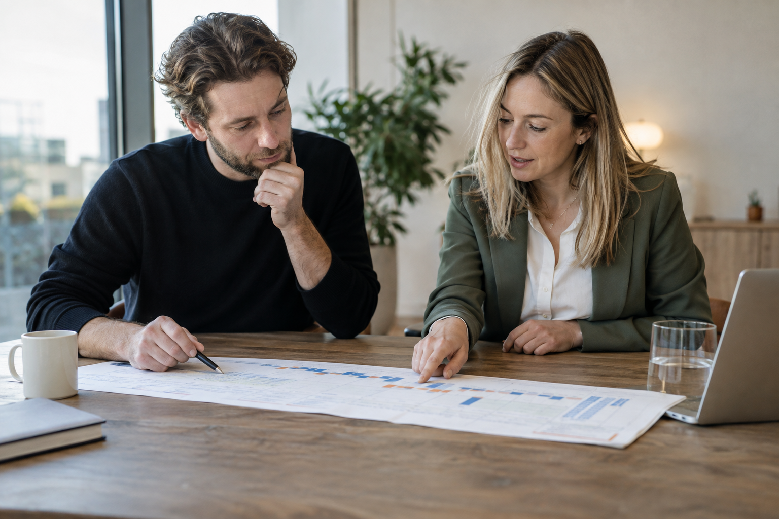 Ondernemer en adviseur bespreken een financiële planning