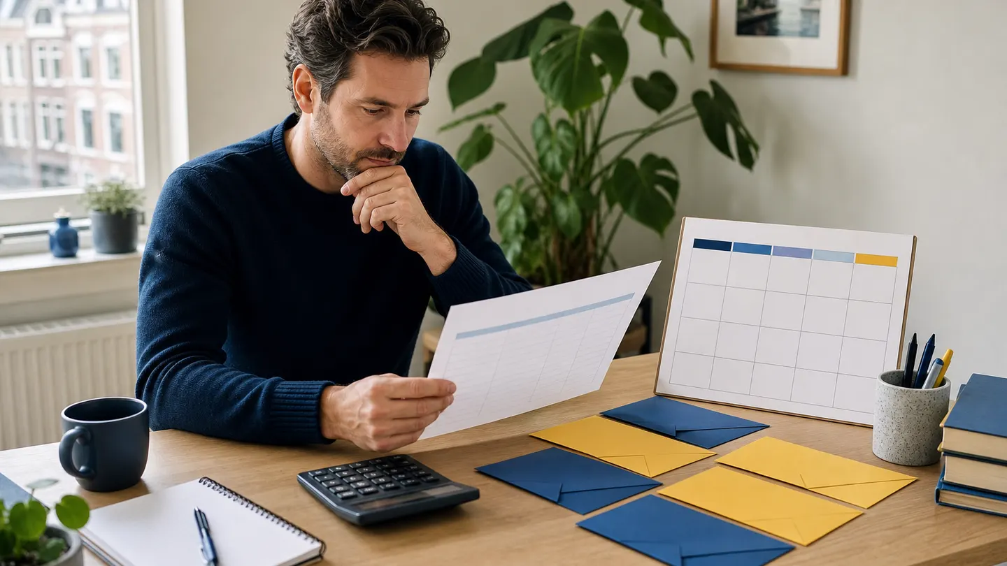 Ondernemer bekijkt een kwartaalplanning met rekenmachine en lege enveloppen